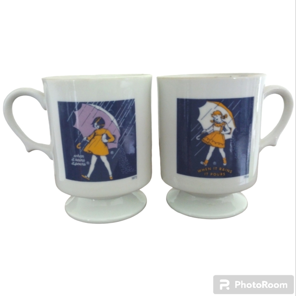 Vintage Advertising Set Of 2 Morton Salt Girl 1956 & 1972 Coffee Mug Tea Cups